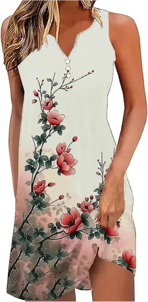 Women Sleeveless Casual Beach Dresses Boho Floral Print Sundress Comfortable Fashion Summer Clothes