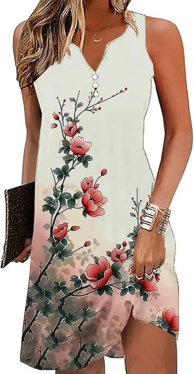 Women Sleeveless Casual Beach Dresses Boho Floral Print Sundress Comfortable Fashion Summer Clothes