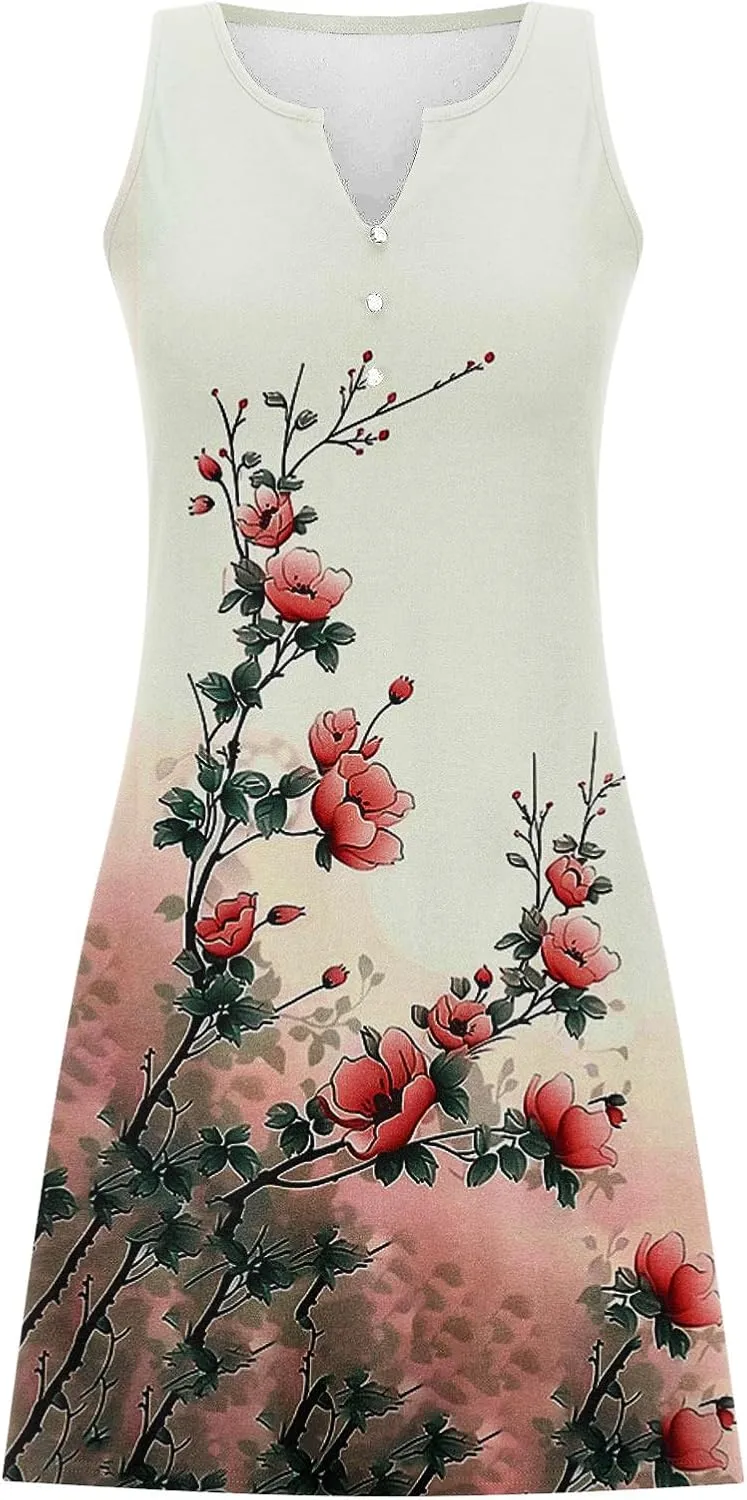 Women Sleeveless Casual Beach Dresses Boho Floral Print Sundress Comfortable Fashion Summer Clothes
