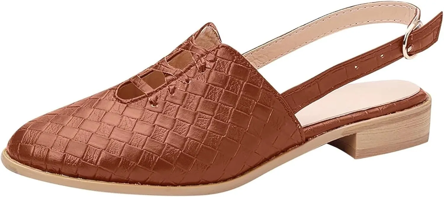 Women Woven Printing Mules, Comf Slip-on Low Heel Closed Pointed Toe Sandals, Boho Backless Adjustable Buckle Strap Beach Loafers