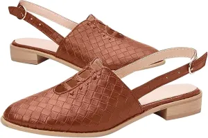 Women Woven Printing Mules, Comf Slip-on Low Heel Closed Pointed Toe Sandals, Boho Backless Adjustable Buckle Strap Beach Loafers
