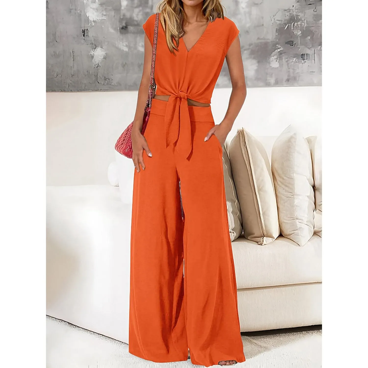 Women’s 2-Piece Set – Lightweight V-Neck Tie Front Crop Top – High-Waist Wide-Leg Pants