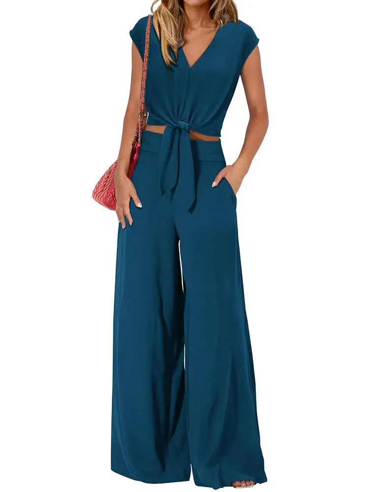 Women’s 2-Piece Set – Lightweight V-Neck Tie Front Crop Top – High-Waist Wide-Leg Pants
