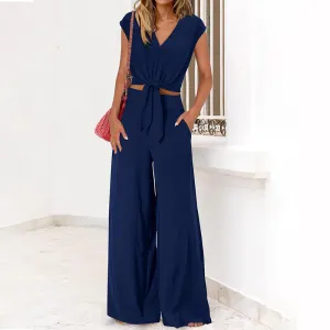 Women’s 2-Piece Set – Lightweight V-Neck Tie Front Crop Top – High-Waist Wide-Leg Pants