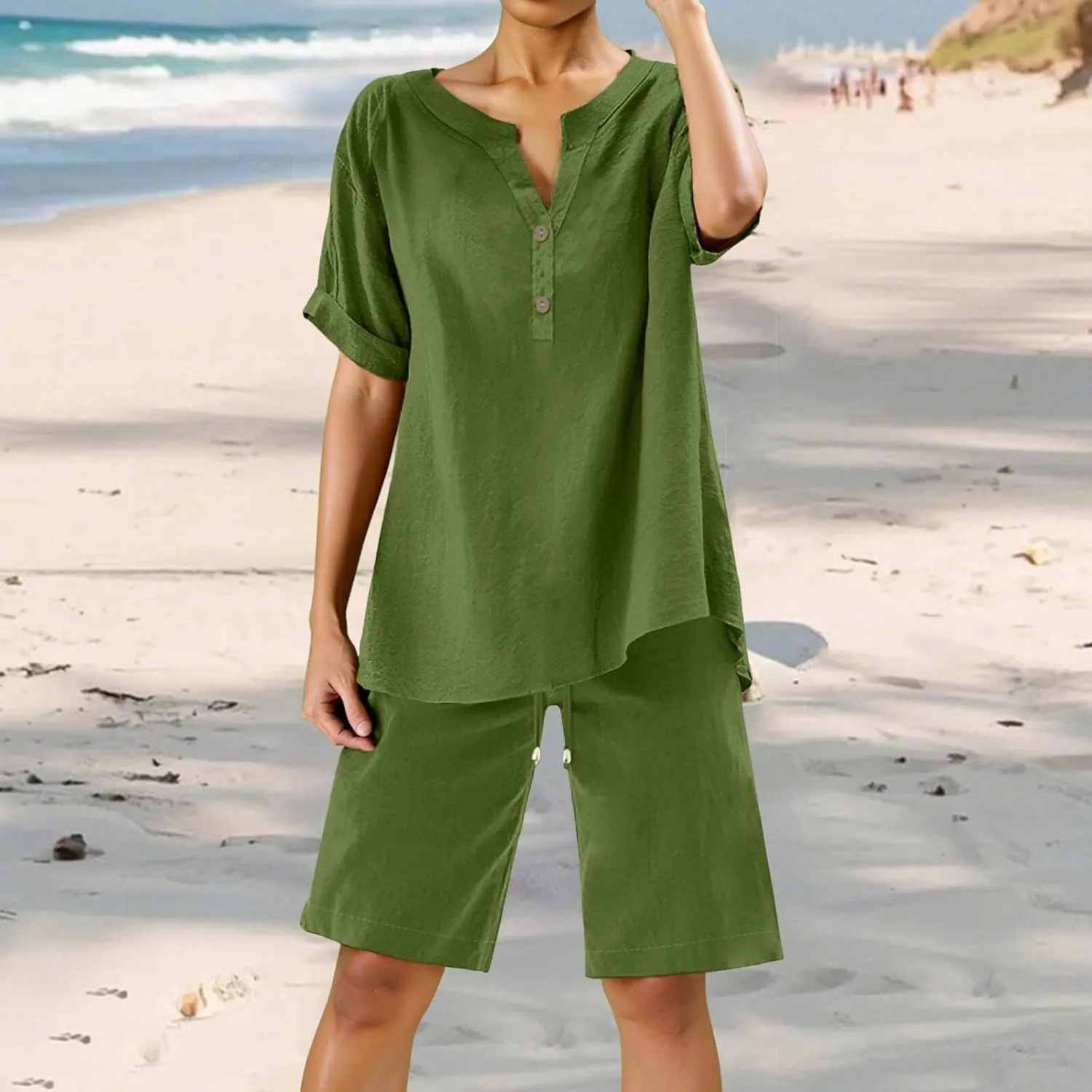 Womens 2 Piece Short Sets 2025 Summer Casual Short Sleeve Shirts and Wide Leg Shorts Matching Set Vacation Resort Wear