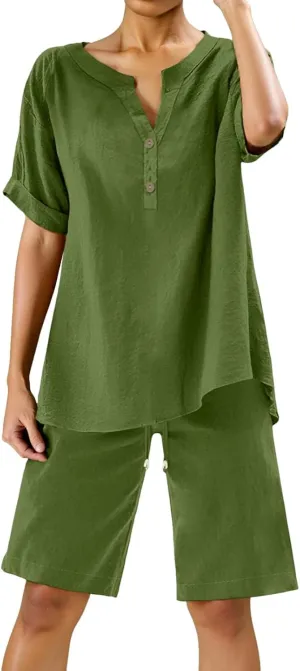Womens 2 Piece Short Sets 2025 Summer Casual Short Sleeve Shirts and Wide Leg Shorts Matching Set Vacation Resort Wear