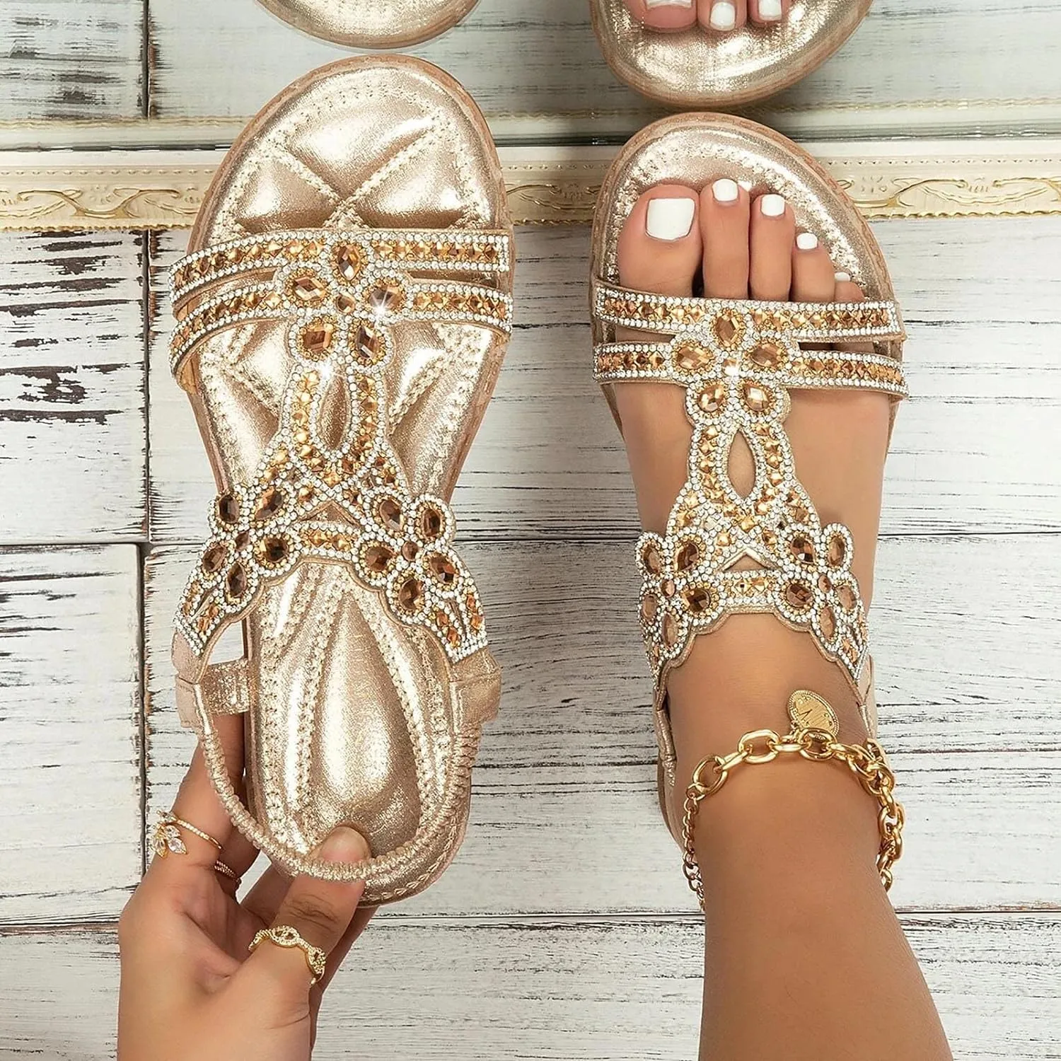 Women's Bohemian Rhinestone Flats Beach Sandals Open Toe Ankle Strap Elastic Flats Shoes Non Slip Beach Shoes