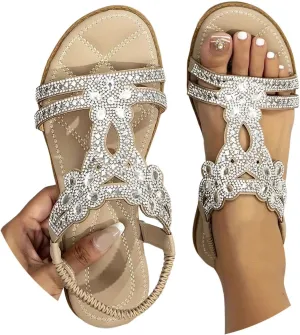 Women's Bohemian Rhinestone Flats Beach Sandals Open Toe Ankle Strap Elastic Flats Shoes Non Slip Beach Shoes