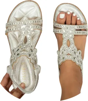 Women's Bohemian Rhinestone Flats Beach Sandals Open Toe Ankle Strap Elastic Flats Shoes Non Slip Beach Shoes