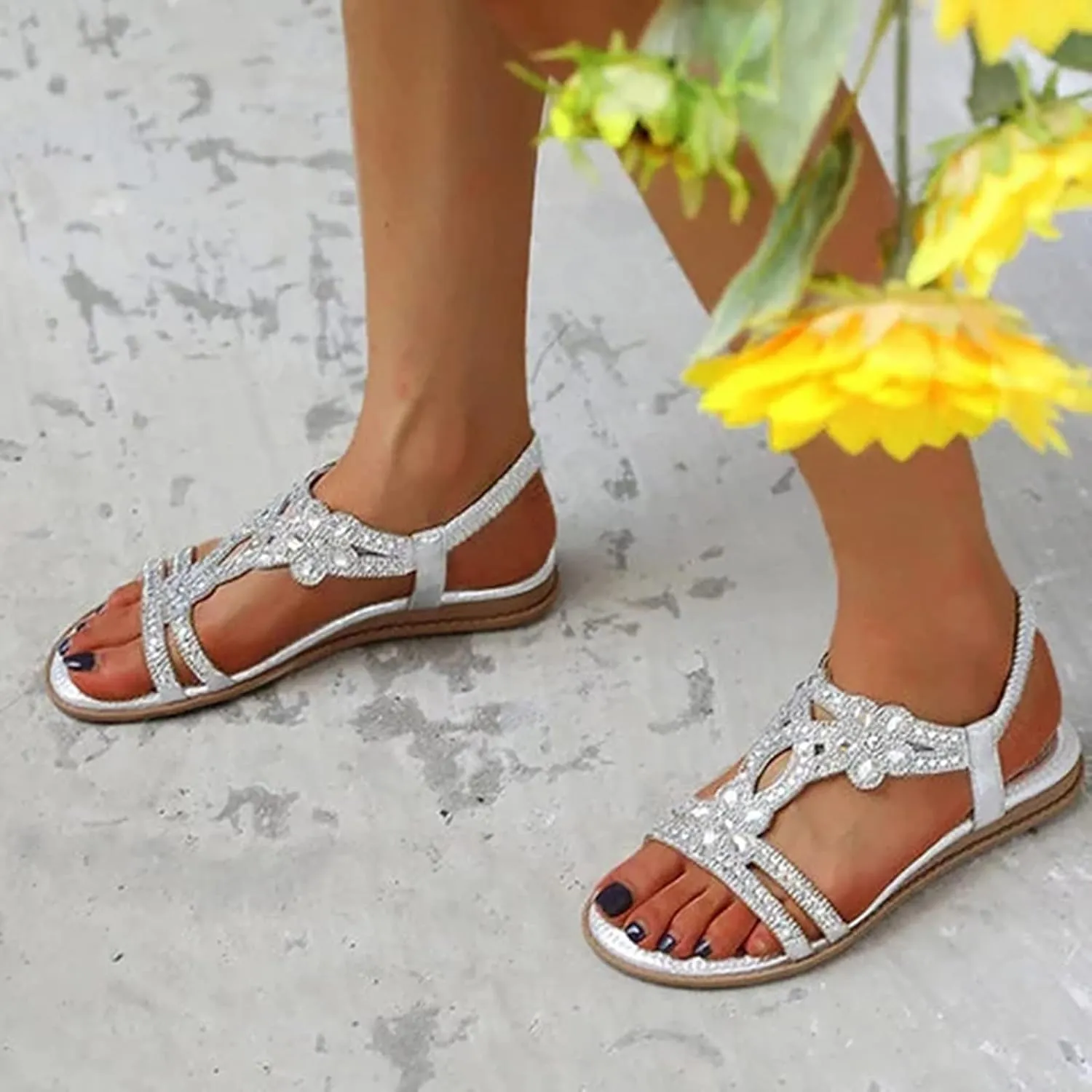 Women's Bohemian Rhinestone Flats Beach Sandals Open Toe Ankle Strap Elastic Flats Shoes Non Slip Beach Shoes