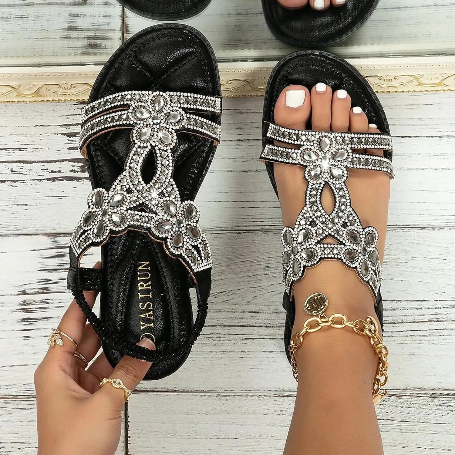 Women's Bohemian Rhinestone Flats Beach Sandals Open Toe Ankle Strap Elastic Flats Shoes Non Slip Beach Shoes