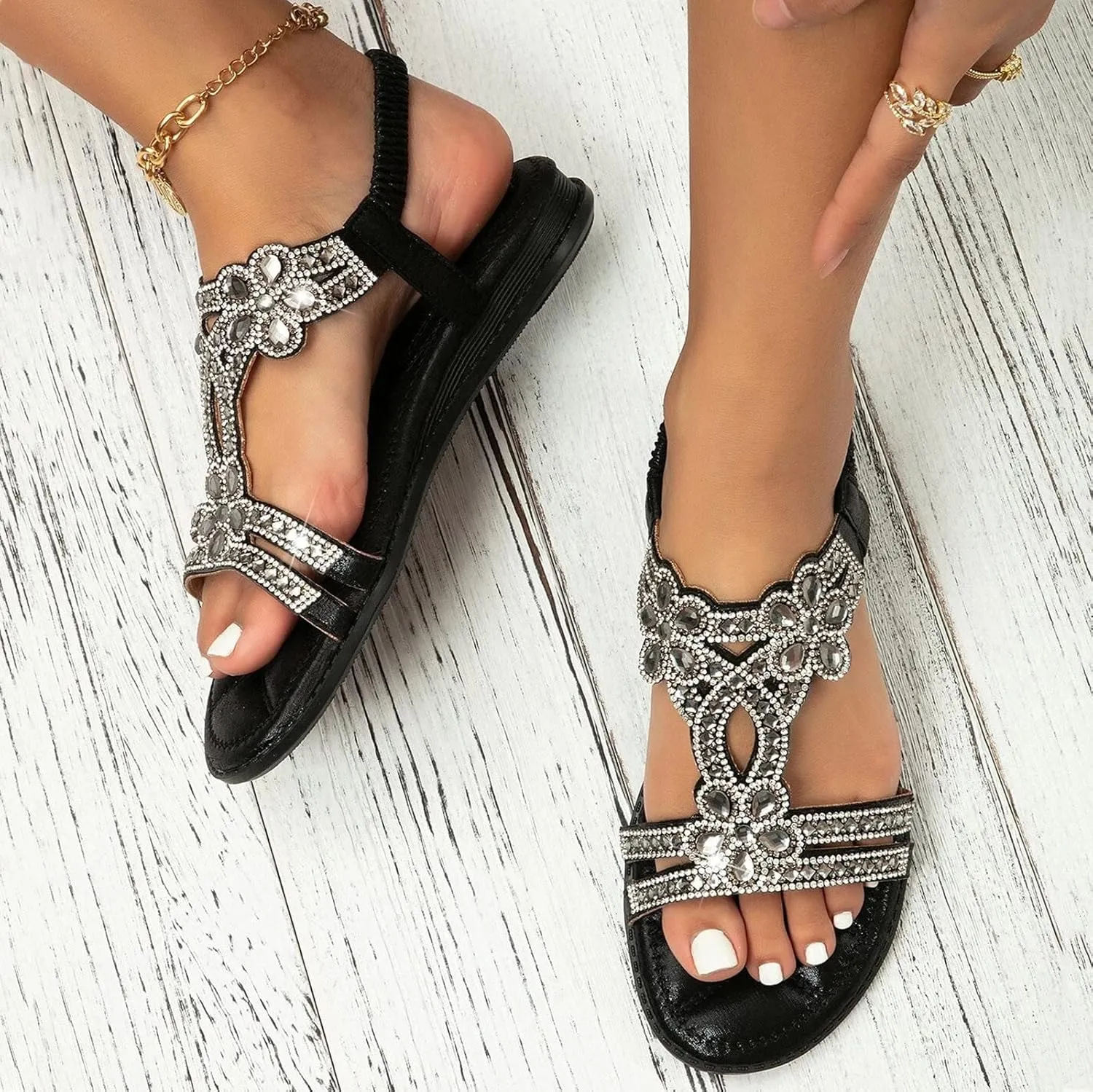 Women's Bohemian Rhinestone Flats Beach Sandals Open Toe Ankle Strap Elastic Flats Shoes Non Slip Beach Shoes