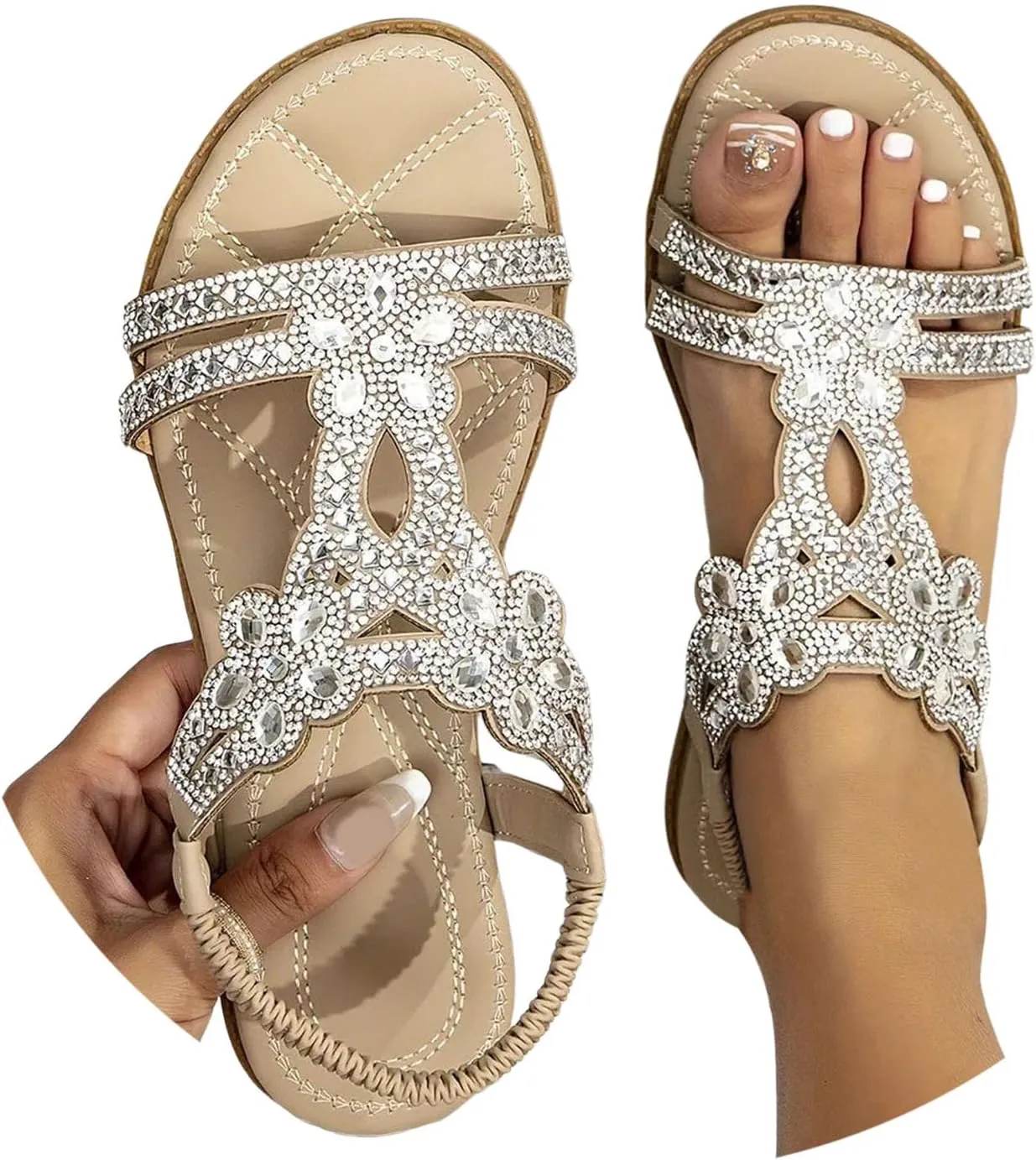 Women's Bohemian Rhinestone Flats Beach Sandals Open Toe Ankle Strap Elastic Flats Shoes Non Slip Beach Shoes