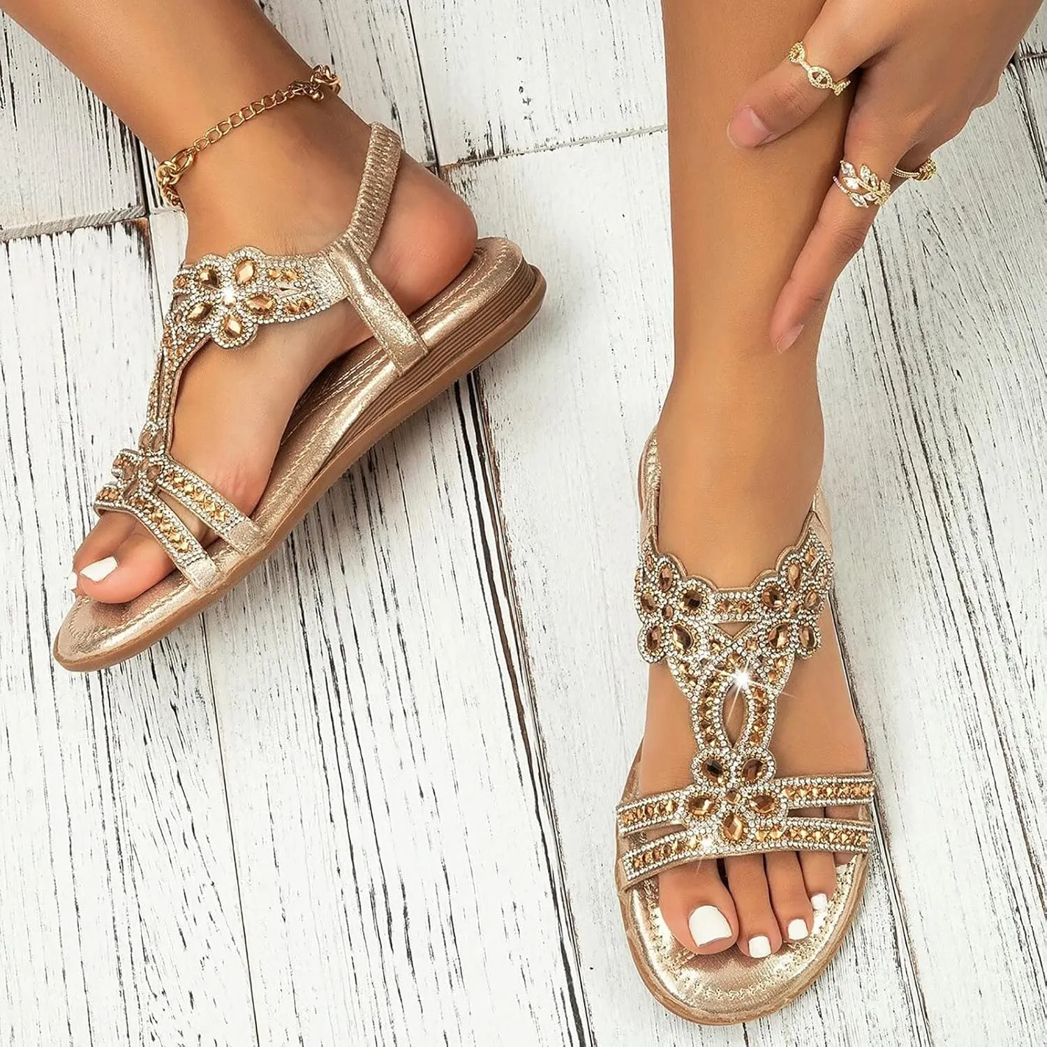 Women's Bohemian Rhinestone Flats Beach Sandals Open Toe Ankle Strap Elastic Flats Shoes Non Slip Beach Shoes