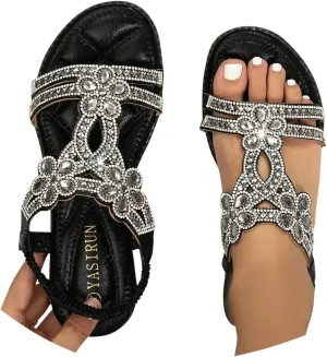 Women's Bohemian Rhinestone Flats Beach Sandals Open Toe Ankle Strap Elastic Flats Shoes Non Slip Beach Shoes
