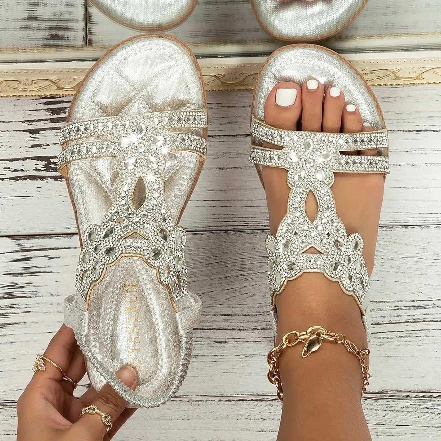 Women's Bohemian Rhinestone Flats Beach Sandals Open Toe Ankle Strap Elastic Flats Shoes Non Slip Beach Shoes