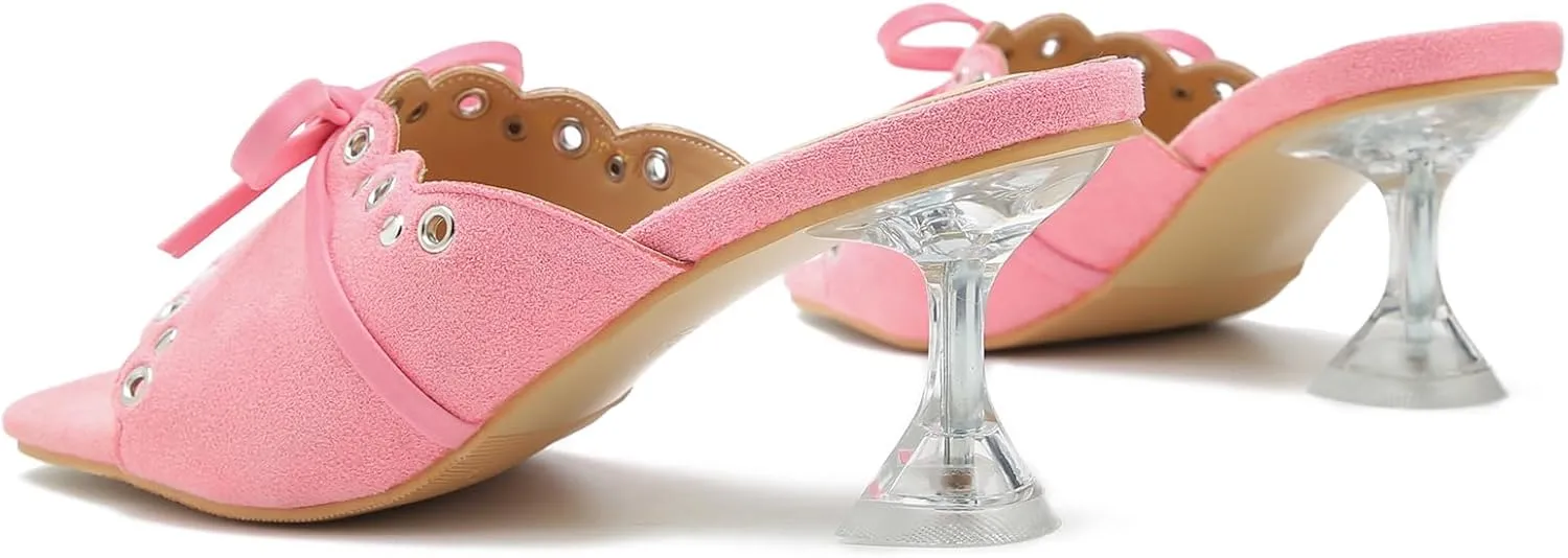 Women's Bow Heels Slippers Square Toe Clear Kitten Heeled Sandals Comfortable Mules Slip On Party Prom Dress Shoes