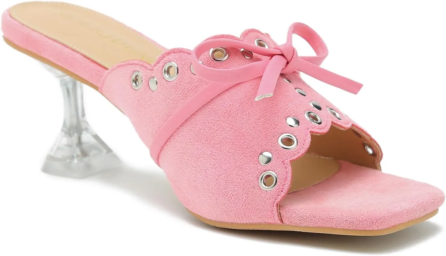 Women's Bow Heels Slippers Square Toe Clear Kitten Heeled Sandals Comfortable Mules Slip On Party Prom Dress Shoes