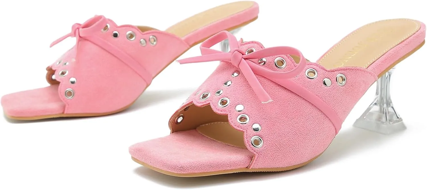 Women's Bow Heels Slippers Square Toe Clear Kitten Heeled Sandals Comfortable Mules Slip On Party Prom Dress Shoes