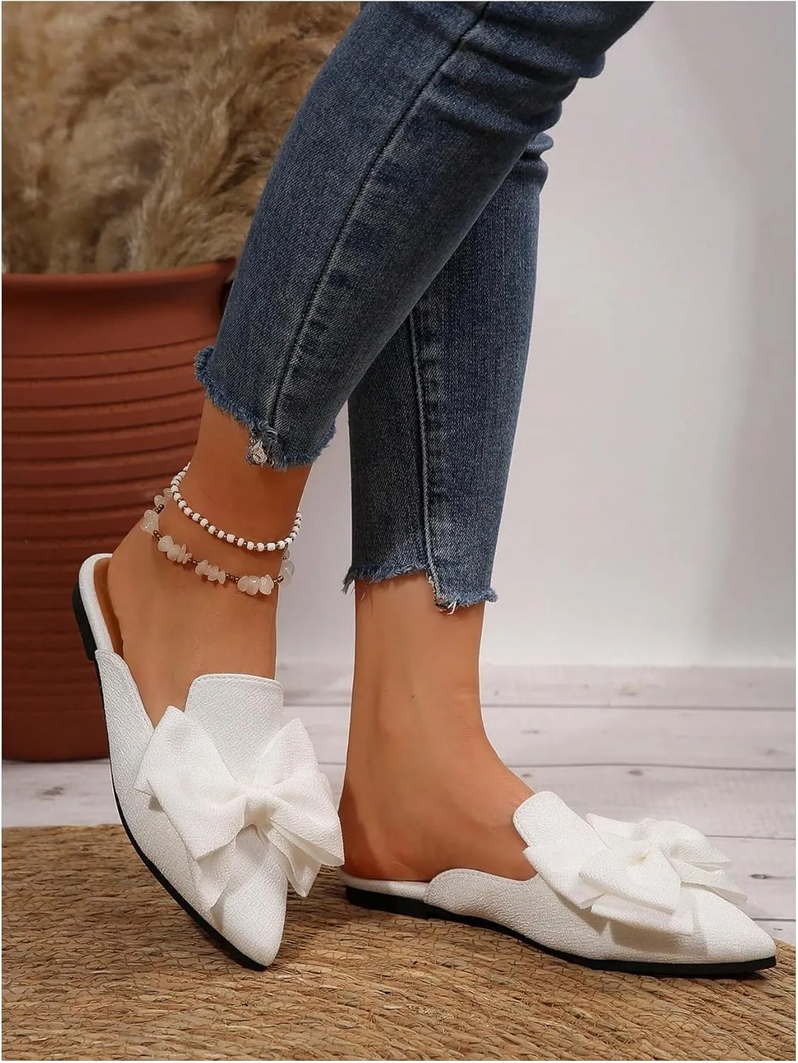Women's Bow Mules Dressy Pointed Toe Flat Shoes Backless Loafers Slide Sandals Casual Slides Work Shoes