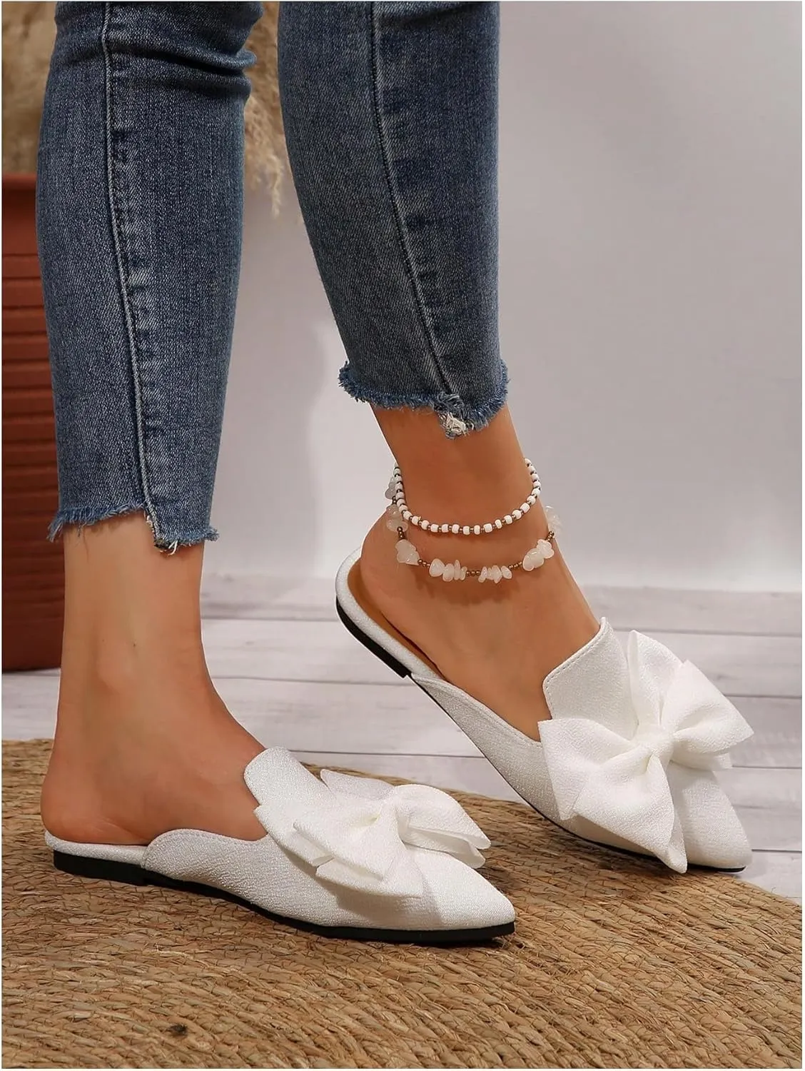 Women's Bow Mules Dressy Pointed Toe Flat Shoes Backless Loafers Slide Sandals Casual Slides Work Shoes