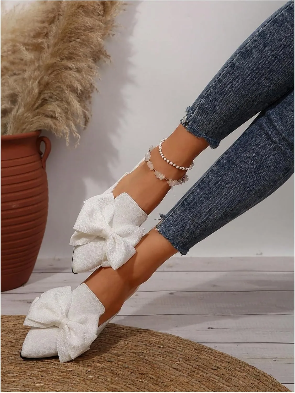 Women's Bow Mules Dressy Pointed Toe Flat Shoes Backless Loafers Slide Sandals Casual Slides Work Shoes