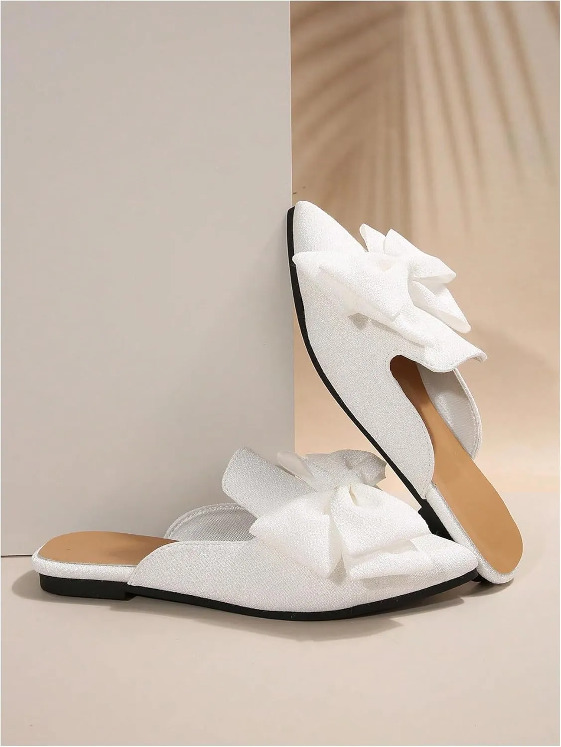 Women's Bow Mules Dressy Pointed Toe Flat Shoes Backless Loafers Slide Sandals Casual Slides Work Shoes