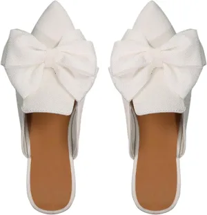 Women's Bow Mules Dressy Pointed Toe Flat Shoes Backless Loafers Slide Sandals Casual Slides Work Shoes