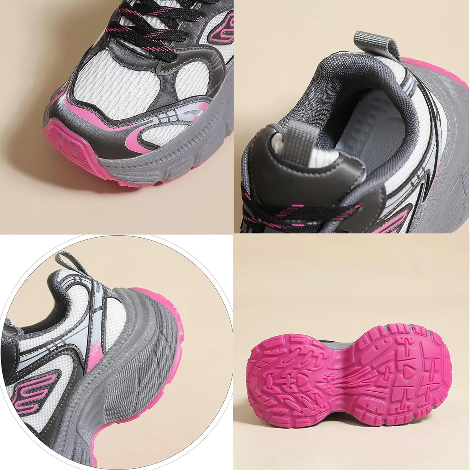Women's Breathable Dad Shoes Spring Autumn Mesh Thick-Soled White Sneakers Casual Trainers Fashion Lace-up Sports Shoes