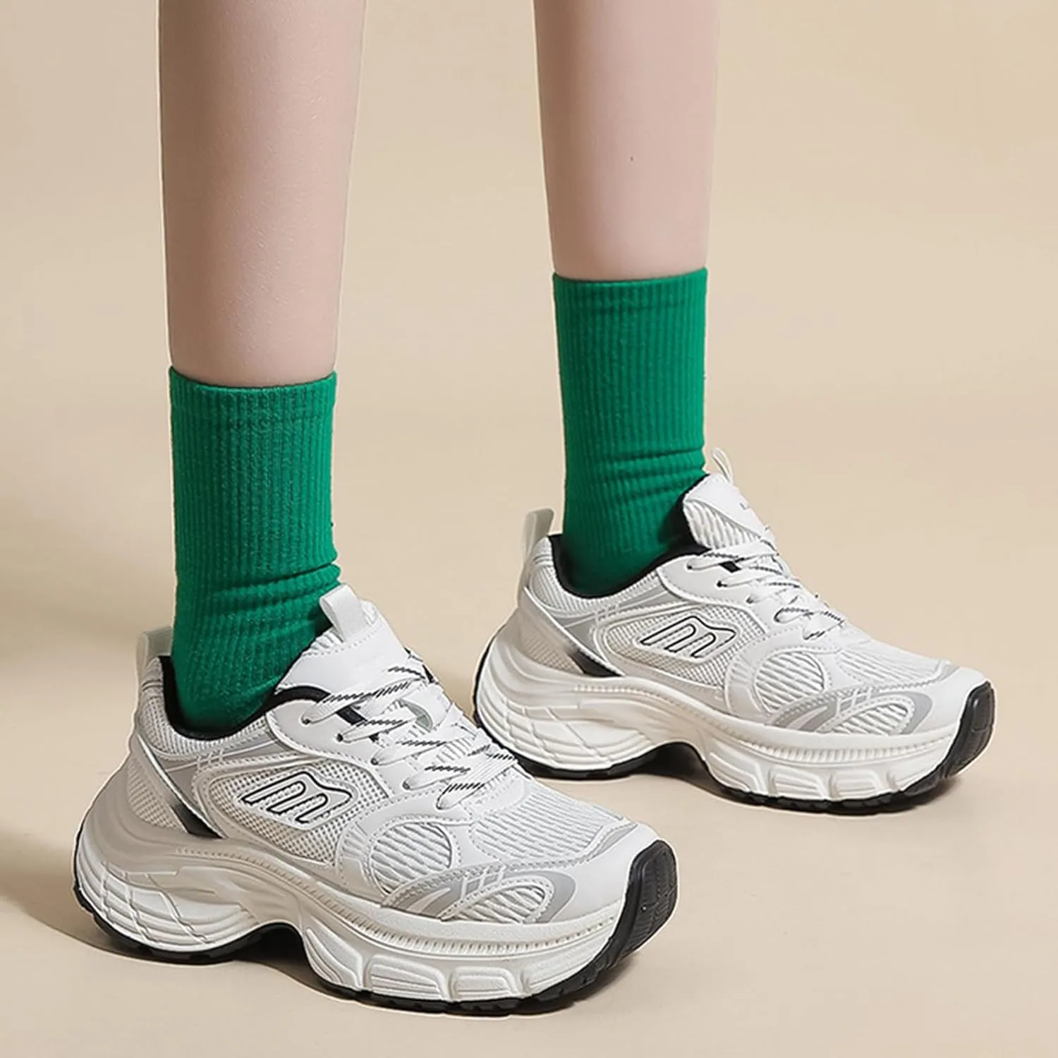 Women's Breathable Dad Shoes Spring Autumn Mesh Thick-Soled White Sneakers Casual Trainers Fashion Lace-up Sports Shoes