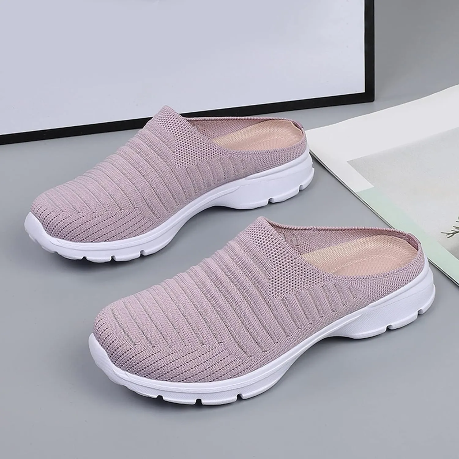Womens Breathable Mesh Walking Mules Sneakers Womens Running Shoes Mesh Breathable Casual Tennis Shoes White Platform Sneakers Slip On Tennis Shoe Cross Trainer Shoe