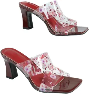 Women's Burgundy PVC Mule High-Heel Sandals | Square-Toe Floral Print Pumps with Thick Heel | Spring Summer Casual Dress Shoes | 2025 Trendy Elegant Heels