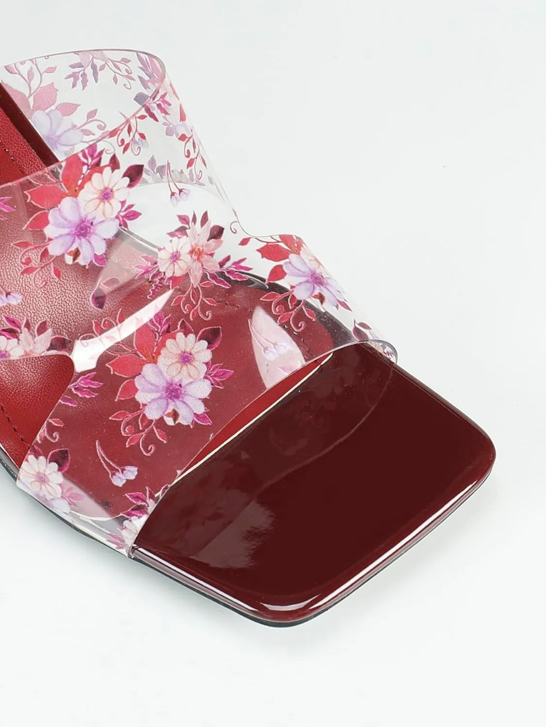 Women's Burgundy PVC Mule High-Heel Sandals | Square-Toe Floral Print Pumps with Thick Heel | Spring Summer Casual Dress Shoes | 2025 Trendy Elegant Heels