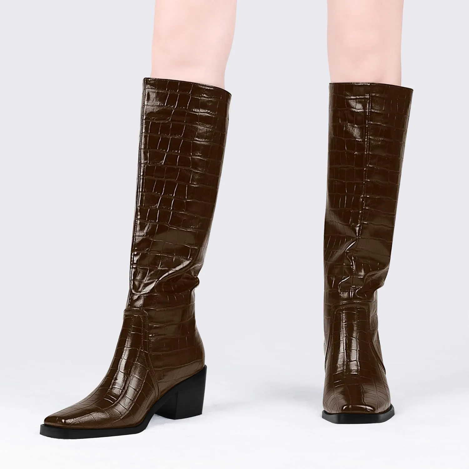 Women's Chunky Heel Square Toe Knee High Boots Slip On Patent Leather Crocodile Boots