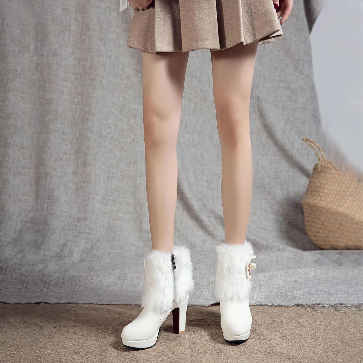 Women's Chunky Platform Ankle Booties Cute Furry Winter Warm Boots Block High Heels Fluffy Short Boot