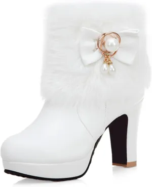Women's Chunky Platform Ankle Booties Cute Furry Winter Warm Boots Block High Heels Fluffy Short Boot