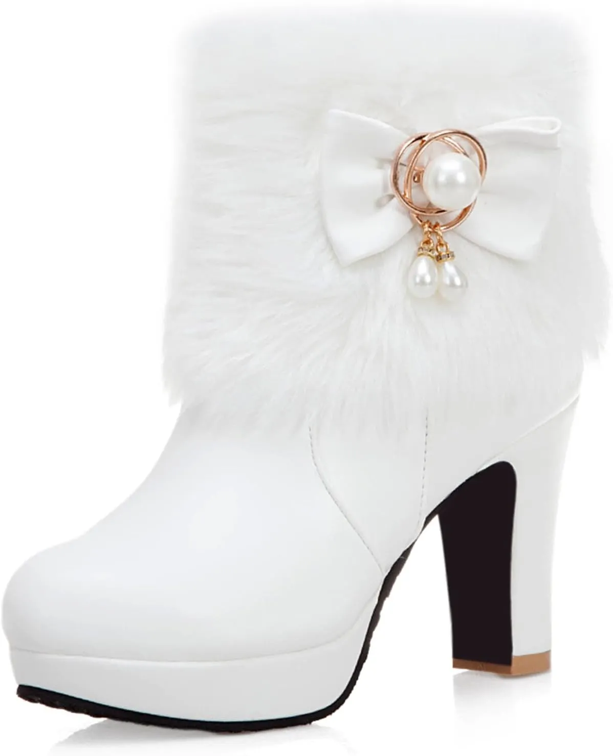 Women's Chunky Platform Ankle Booties Cute Furry Winter Warm Boots Block High Heels Fluffy Short Boot