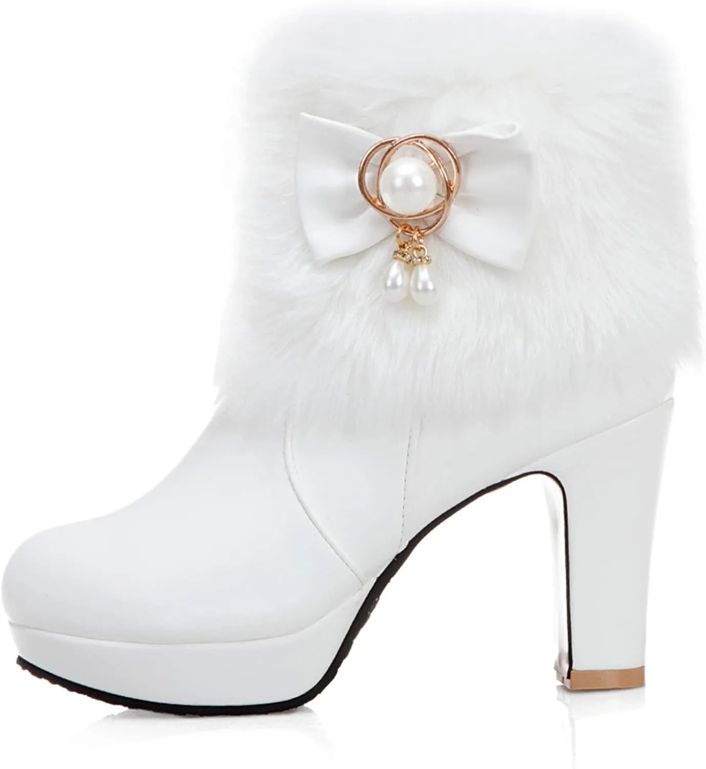 Women's Chunky Platform Ankle Booties Cute Furry Winter Warm Boots Block High Heels Fluffy Short Boot