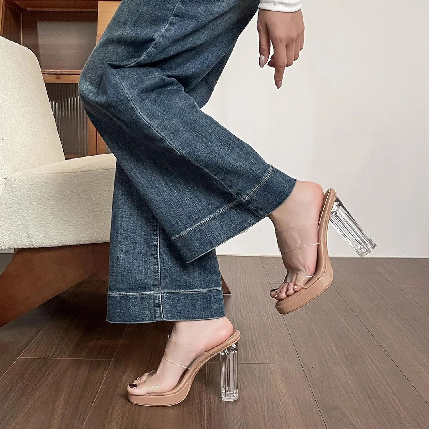 Women's Clear Backless Chunky High Heels Sandals Square Toe Two Strap Slip On Soft Bottom High Heeled Dress Sandal Slides Transparent Strap Wedding Business Party Mules