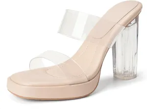 Women's Clear Backless Chunky High Heels Sandals Square Toe Two Strap Slip On Soft Bottom High Heeled Dress Sandal Slides Transparent Strap Wedding Business Party Mules