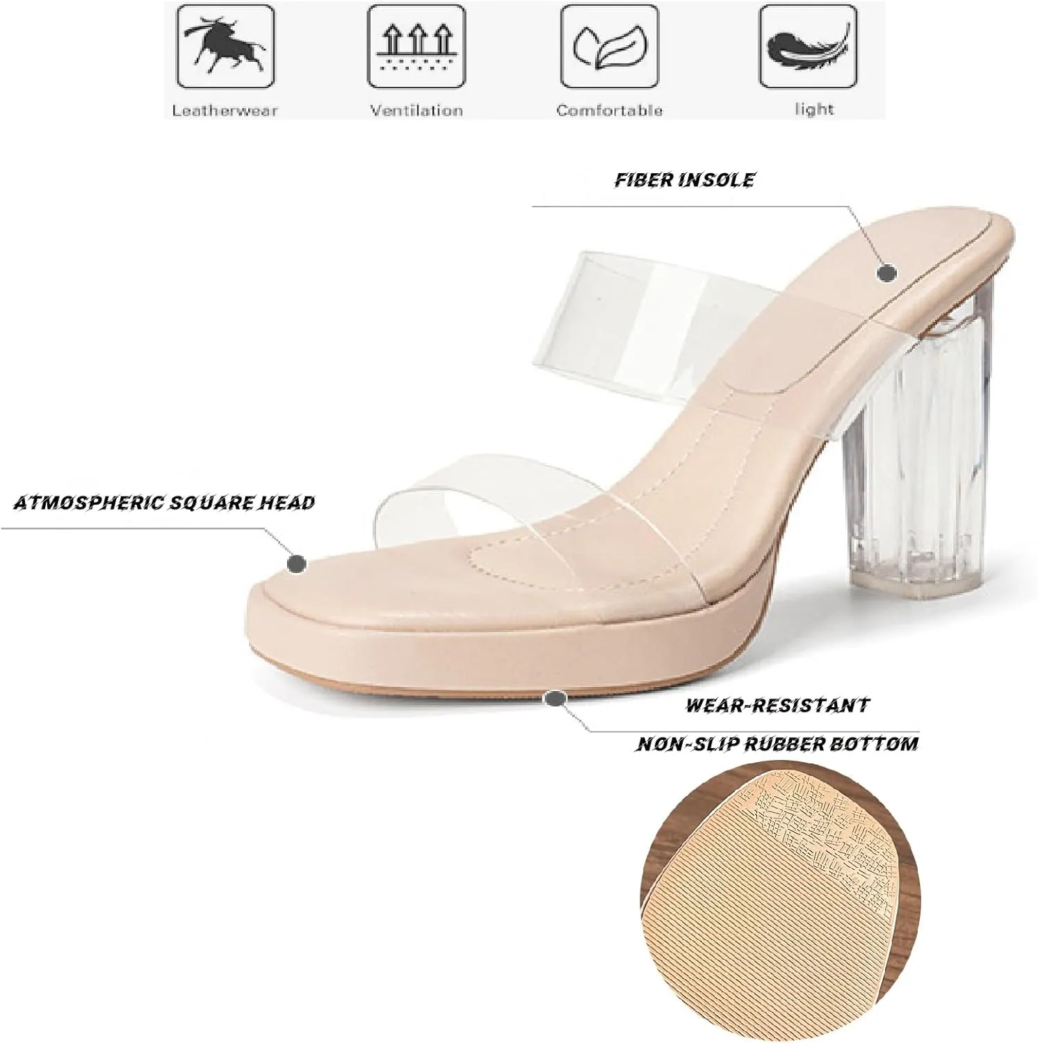 Women's Clear Backless Chunky High Heels Sandals Square Toe Two Strap Slip On Soft Bottom High Heeled Dress Sandal Slides Transparent Strap Wedding Business Party Mules