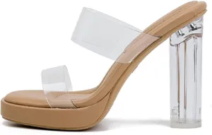Women's Clear Backless Chunky High Heels Sandals Square Toe Two Strap Slip On Soft Bottom High Heeled Dress Sandal Slides Transparent Strap Wedding Business Party Mules