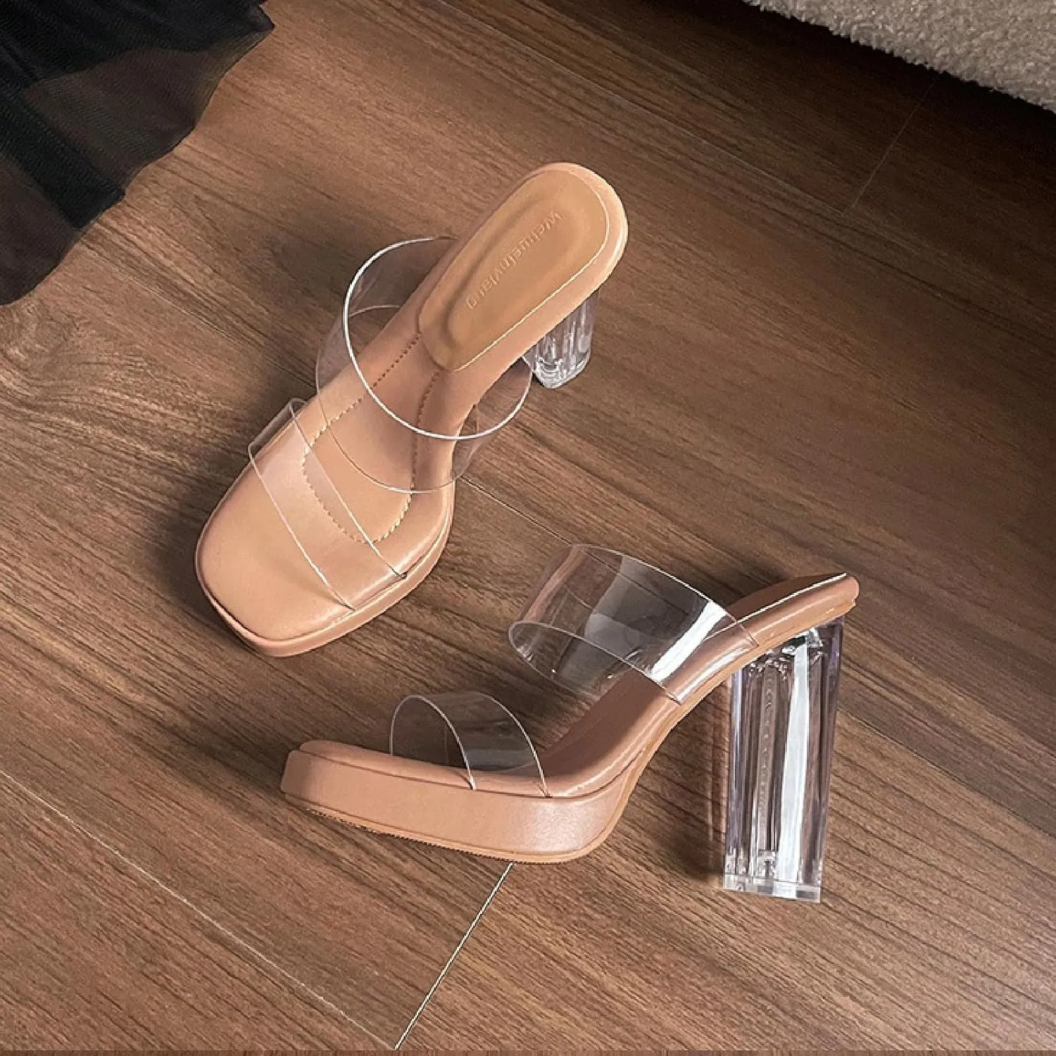 Women's Clear Backless Chunky High Heels Sandals Square Toe Two Strap Slip On Soft Bottom High Heeled Dress Sandal Slides Transparent Strap Wedding Business Party Mules