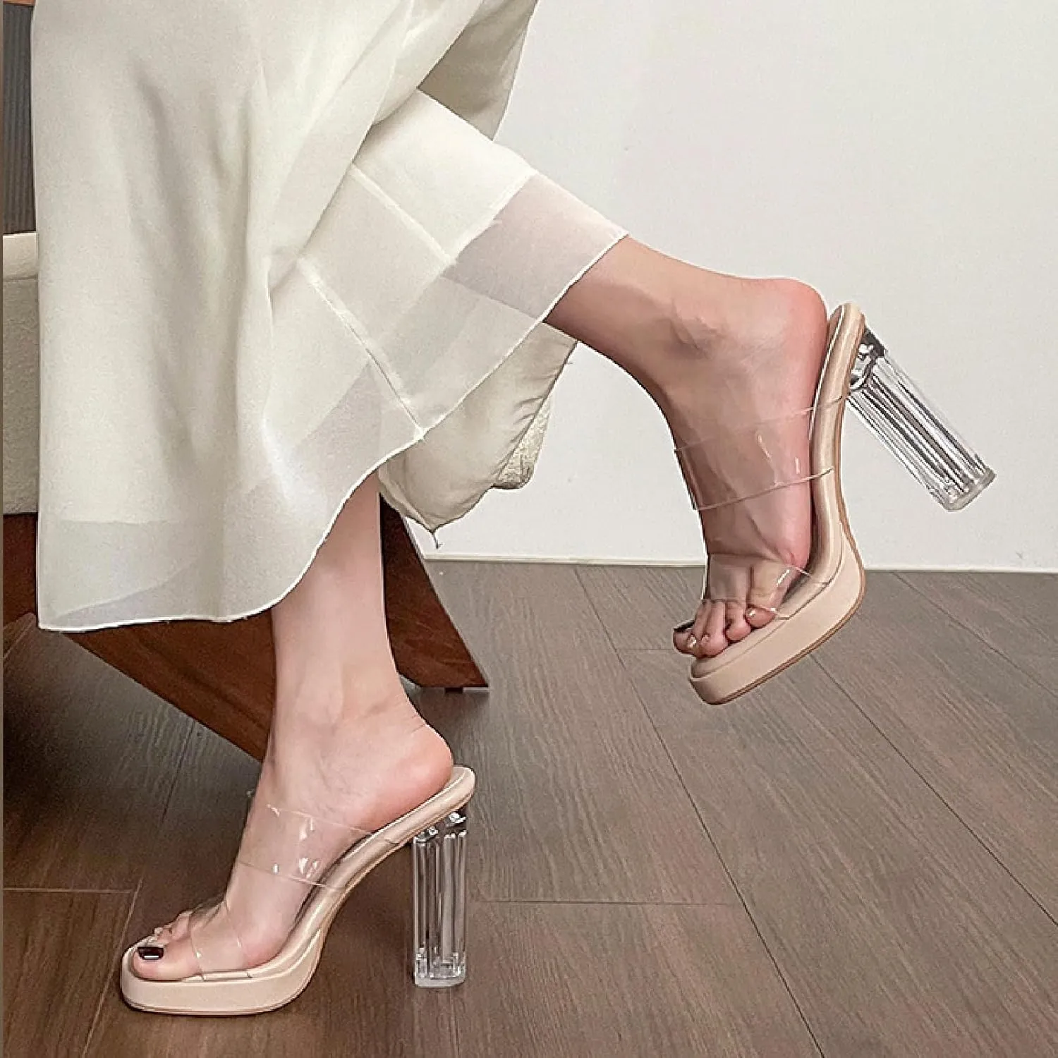 Women's Clear Backless Chunky High Heels Sandals Square Toe Two Strap Slip On Soft Bottom High Heeled Dress Sandal Slides Transparent Strap Wedding Business Party Mules