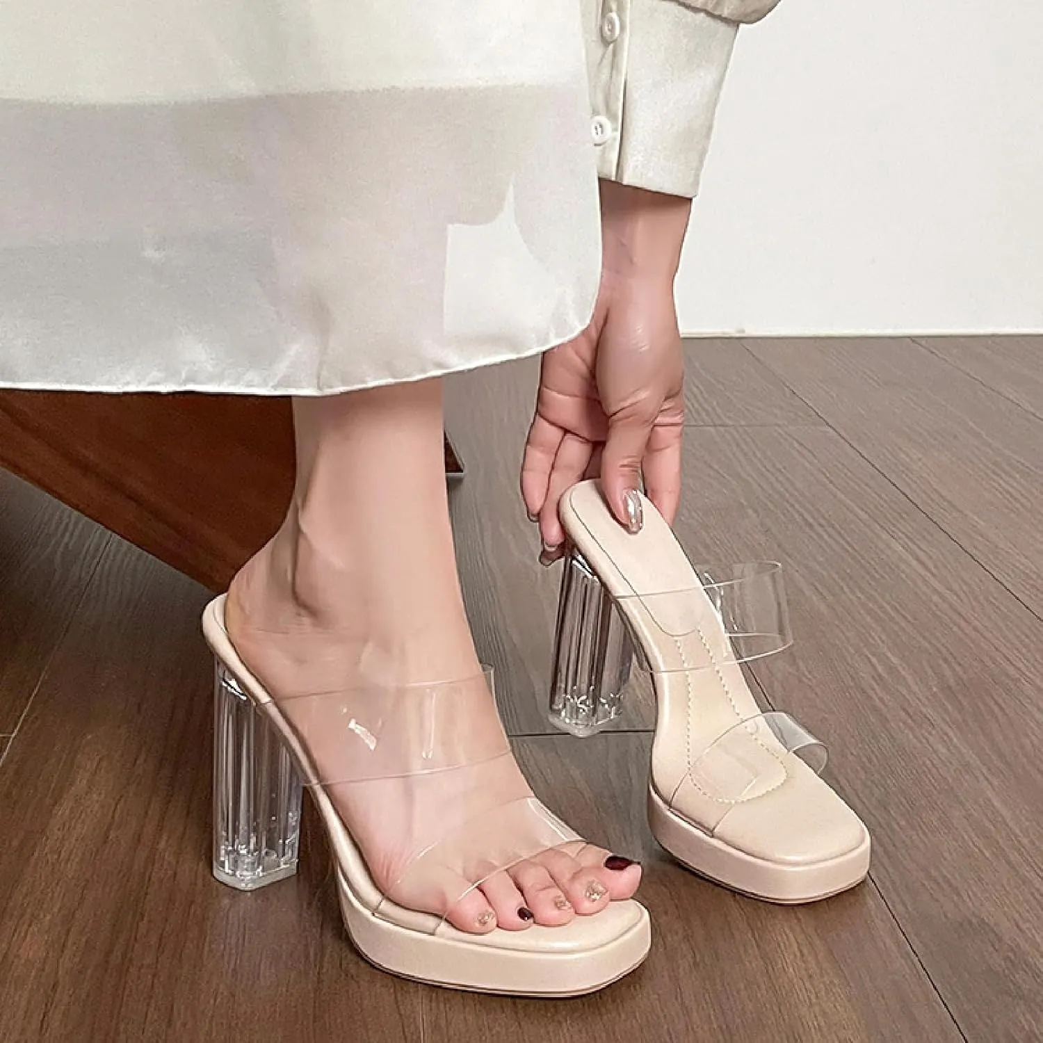 Women's Clear Backless Chunky High Heels Sandals Square Toe Two Strap Slip On Soft Bottom High Heeled Dress Sandal Slides Transparent Strap Wedding Business Party Mules