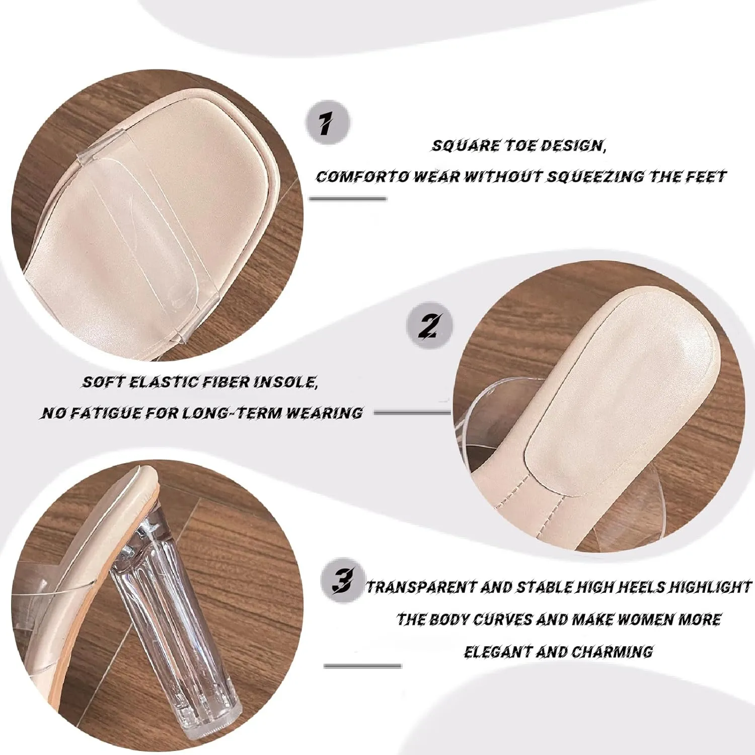 Women's Clear Backless Chunky High Heels Sandals Square Toe Two Strap Slip On Soft Bottom High Heeled Dress Sandal Slides Transparent Strap Wedding Business Party Mules