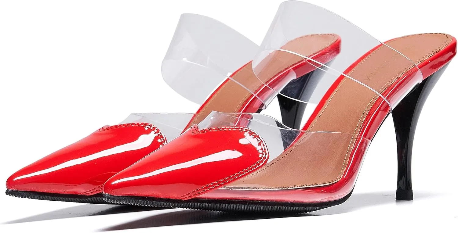 Women's Clear PVC Heeled Sandals Closed Pointed Toe Heart Cut Mules Transparent Slingback Pumps Summer Stiletto High Heels Party Prom Dress Shoes