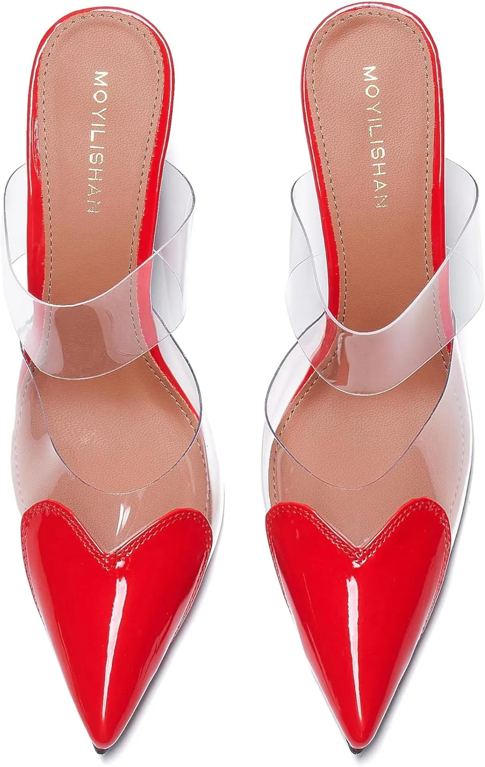 Women's Clear PVC Heeled Sandals Closed Pointed Toe Heart Cut Mules Transparent Slingback Pumps Summer Stiletto High Heels Party Prom Dress Shoes