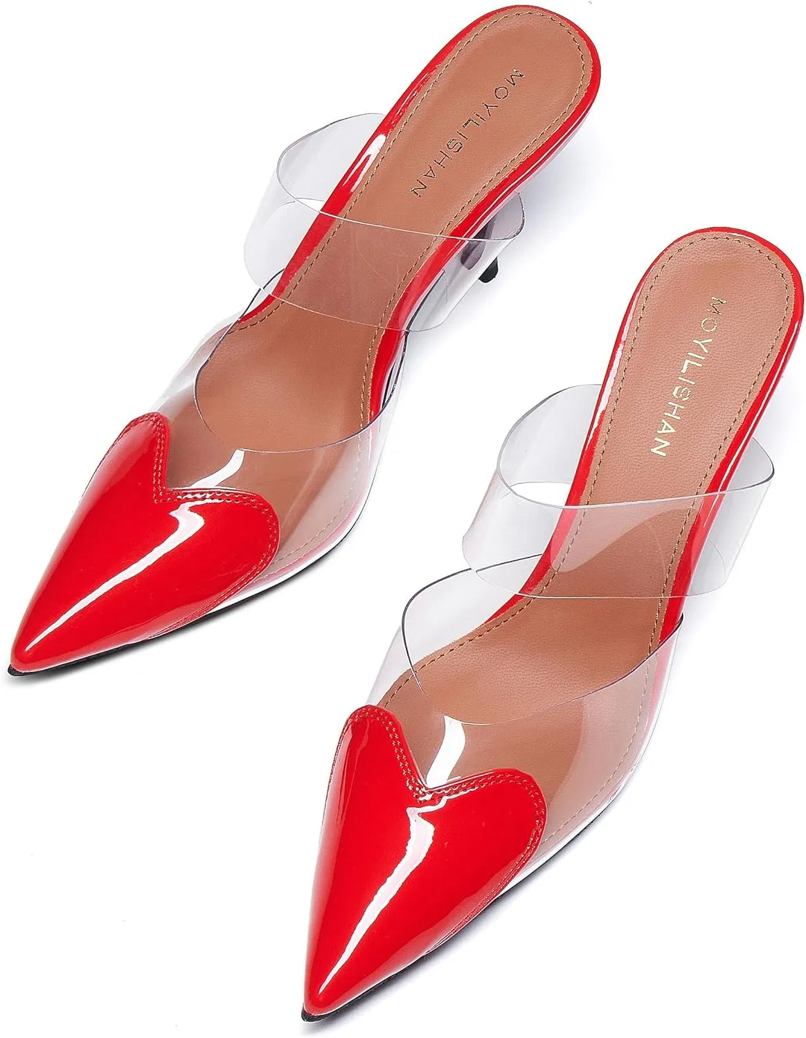 Women's Clear PVC Heeled Sandals Closed Pointed Toe Heart Cut Mules Transparent Slingback Pumps Summer Stiletto High Heels Party Prom Dress Shoes