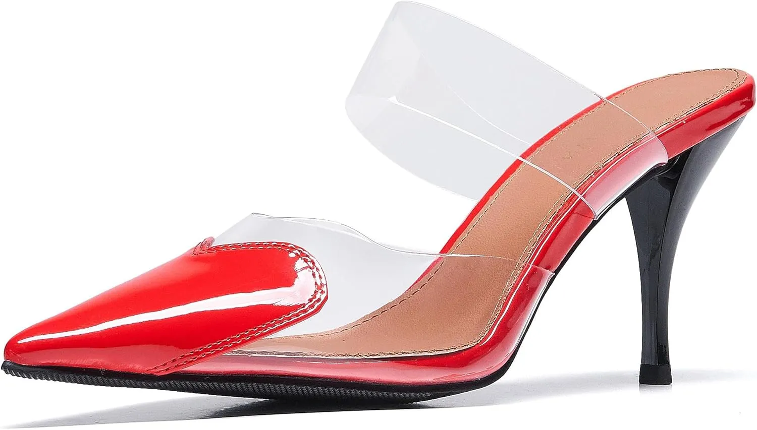 Women's Clear PVC Heeled Sandals Closed Pointed Toe Heart Cut Mules Transparent Slingback Pumps Summer Stiletto High Heels Party Prom Dress Shoes
